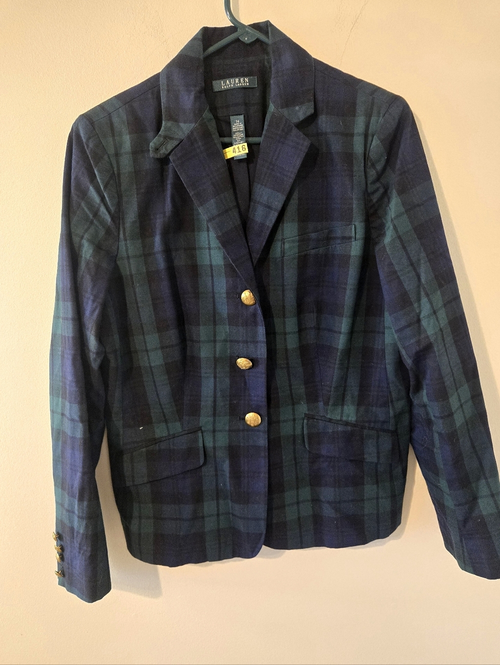 Lauren Ralph Lauren Blackwatch Plaid Blazer Women’s 14 Gold Button Preppy Jacket
